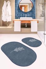 - RealHomes - Realhomes  Düz Renk Zemin Yaprak Çizimli Dijital Baskılı 2'li Oval Kaymaz Tabanlı Banyo & Mutfak Paspas Takımı Realhomes