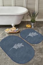 - RealHomes - Realhomes  Düz Renk Zemin Yaprak Çizimli Dijital Baskılı 2'li Oval Kaymaz Tabanlı Banyo & Mutfak Paspas Takımı Realhomes