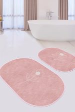 Pudra Zemin Çiçek Tasarımlı Dijital Baskılı 2'li Oval Kaymaz Tabanlı Banyo & Mutfak Paspas Takımı Realhomes