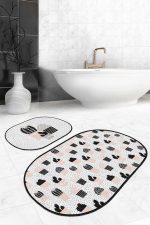 - RealHomes - Realhomes Puantiye Zeminli Kaktüs Tasarımlı 2'li Oval Kaymaz Tabanlı Banyo & Mutfak Paspas Takımı Realhomes