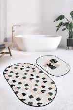 - RealHomes - Realhomes Puantiye Zeminli Kaktüs Tasarımlı 2'li Oval Kaymaz Tabanlı Banyo & Mutfak Paspas Takımı Realhomes