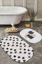 - RealHomes - Realhomes Puantiye Zeminli Kaktüs Tasarımlı 2'li Oval Kaymaz Tabanlı Banyo & Mutfak Paspas Takımı Realhomes