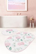 Beyaz Zemin Ortanca Çiçeği Dijital Baskılı 2'li Oval Kaymaz Tabanlı Banyo & Mutfak Paspas Takımı Realhomes