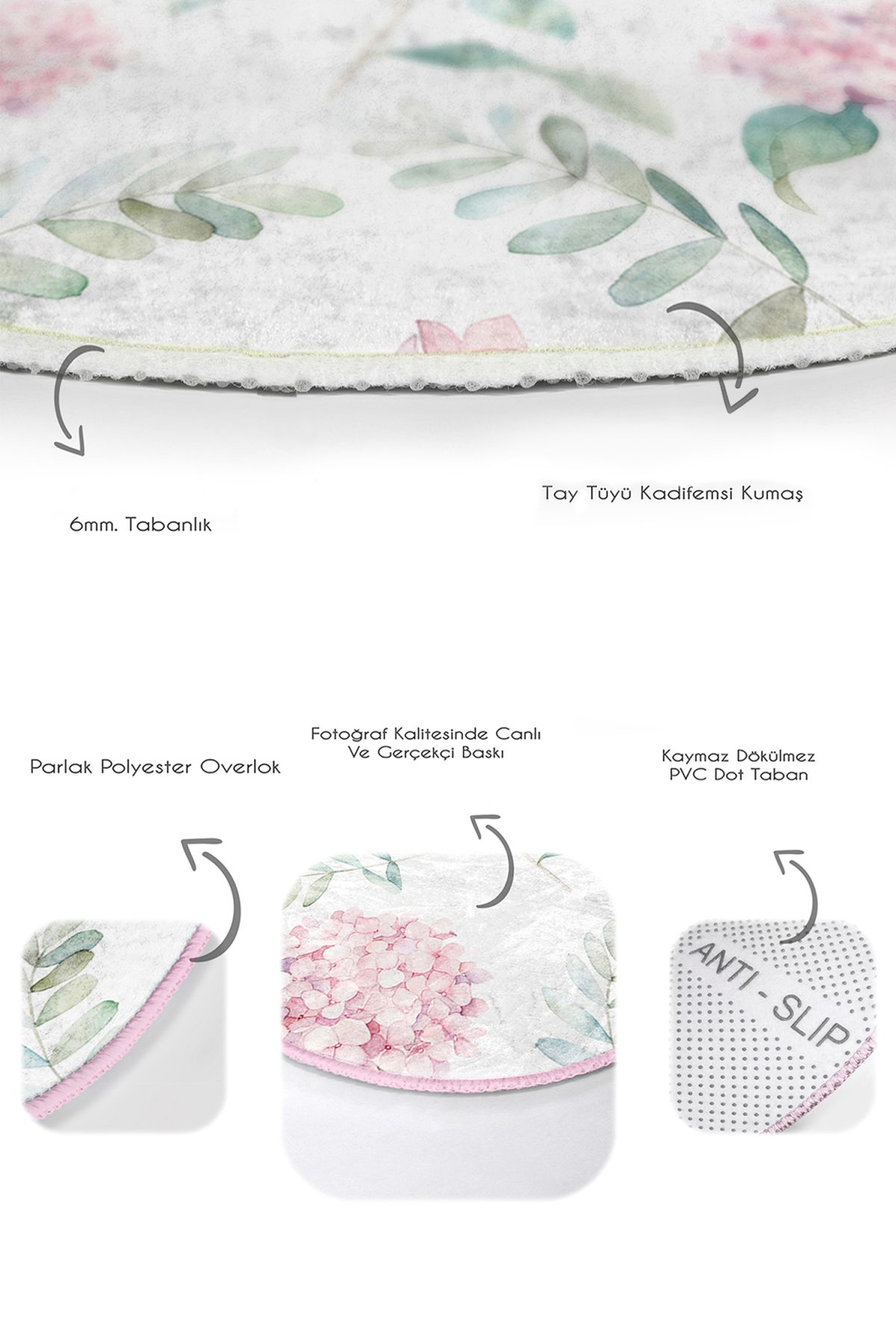 Beyaz Zemin Ortanca Çiçeği Dijital Baskılı 2'li Oval Kaymaz Tabanlı Banyo & Mutfak Paspas Takımı Realhomes