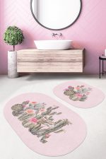 - RealHomes - Realhomes  Pembe Zemin Kaktüs Özel Tasarımlı 2'li Oval Kaymaz Tabanlı Banyo & Mutfak Paspas Takımı Realhomes