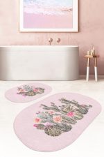 - RealHomes - Realhomes  Pembe Zemin Kaktüs Özel Tasarımlı 2'li Oval Kaymaz Tabanlı Banyo & Mutfak Paspas Takımı Realhomes