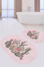 - RealHomes - Realhomes  Pembe Zemin Kaktüs Özel Tasarımlı 2'li Oval Kaymaz Tabanlı Banyo & Mutfak Paspas Takımı Realhomes