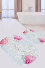 - RealHomes - Realhomes  Mavi Zemin Pembe Ortanca Çiçeği Dijital Baskılı 2'li Oval Kaymaz Tabanlı Banyo & Mutfak Paspas Takımı Realhomes
