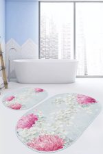 - RealHomes - Realhomes  Mavi Zemin Pembe Ortanca Çiçeği Dijital Baskılı 2'li Oval Kaymaz Tabanlı Banyo & Mutfak Paspas Takımı Realhomes