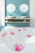 - RealHomes - Realhomes  Mavi Zemin Pembe Ortanca Çiçeği Dijital Baskılı 2'li Oval Kaymaz Tabanlı Banyo & Mutfak Paspas Takımı Realhomes