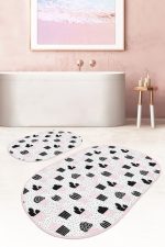 - RealHomes - Realhomes  Puantiye Zeminli Kaktüs Motifli Dijital Baskılı 2'li Oval Kaymaz Tabanlı Banyo & Mutfak Paspas Takımı Realhomes