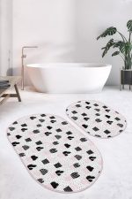 - RealHomes - Realhomes  Puantiye Zeminli Kaktüs Motifli Dijital Baskılı 2'li Oval Kaymaz Tabanlı Banyo & Mutfak Paspas Takımı Realhomes