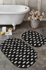 - RealHomes - Realhomes  Siyah Zemin Puantiye Motifli Kaktüs Temalı 2'li Oval Kaymaz Tabanlı Banyo & Mutfak Paspas Takımı Realhomes