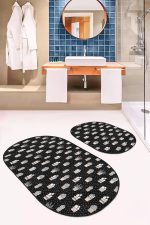 - RealHomes - Realhomes  Siyah Zemin Puantiye Motifli Kaktüs Temalı 2'li Oval Kaymaz Tabanlı Banyo & Mutfak Paspas Takımı Realhomes