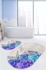 Mavi Ortanca Çiçeği Kelebek Motifli 2'li Oval Kaymaz Tabanlı Banyo & Mutfak Paspas Takımı Realhomes
