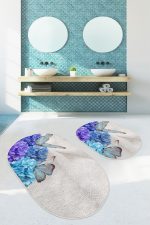 Mavi Ortanca Çiçeği Kelebek Motifli 2'li Oval Kaymaz Tabanlı Banyo & Mutfak Paspas Takımı Realhomes