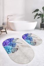 Mavi Ortanca Çiçeği Kelebek Motifli 2'li Oval Kaymaz Tabanlı Banyo & Mutfak Paspas Takımı Realhomes