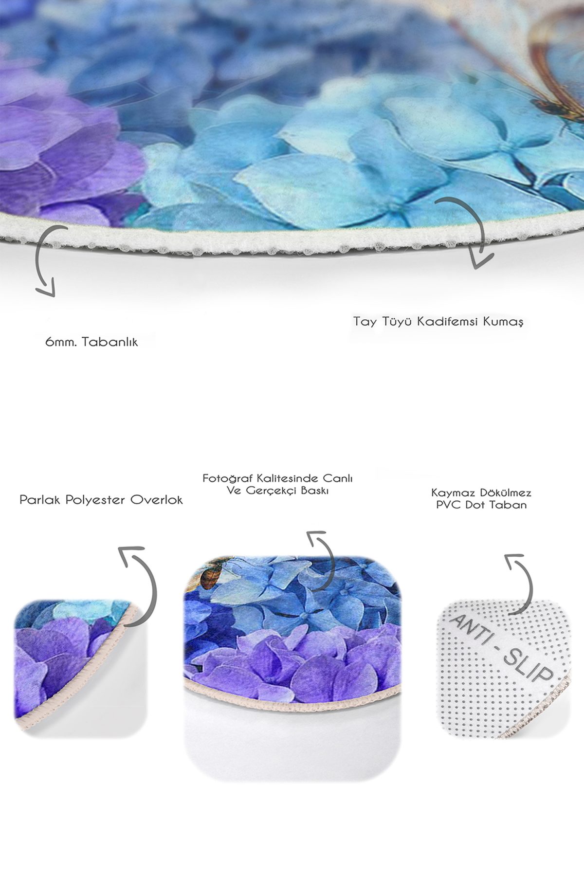 Mavi Ortanca Çiçeği Kelebek Motifli 2'li Oval Kaymaz Tabanlı Banyo & Mutfak Paspas Takımı Realhomes
