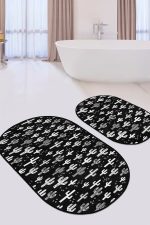 - RealHomes - Realhomes Siyah Beyaz Kaktüs Motifli Dijital Baskılı 2'li Oval Kaymaz Tabanlı Banyo & Mutfak Paspas Takımı Realhomes