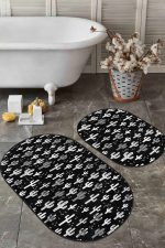 - RealHomes - Realhomes Siyah Beyaz Kaktüs Motifli Dijital Baskılı 2'li Oval Kaymaz Tabanlı Banyo & Mutfak Paspas Takımı Realhomes