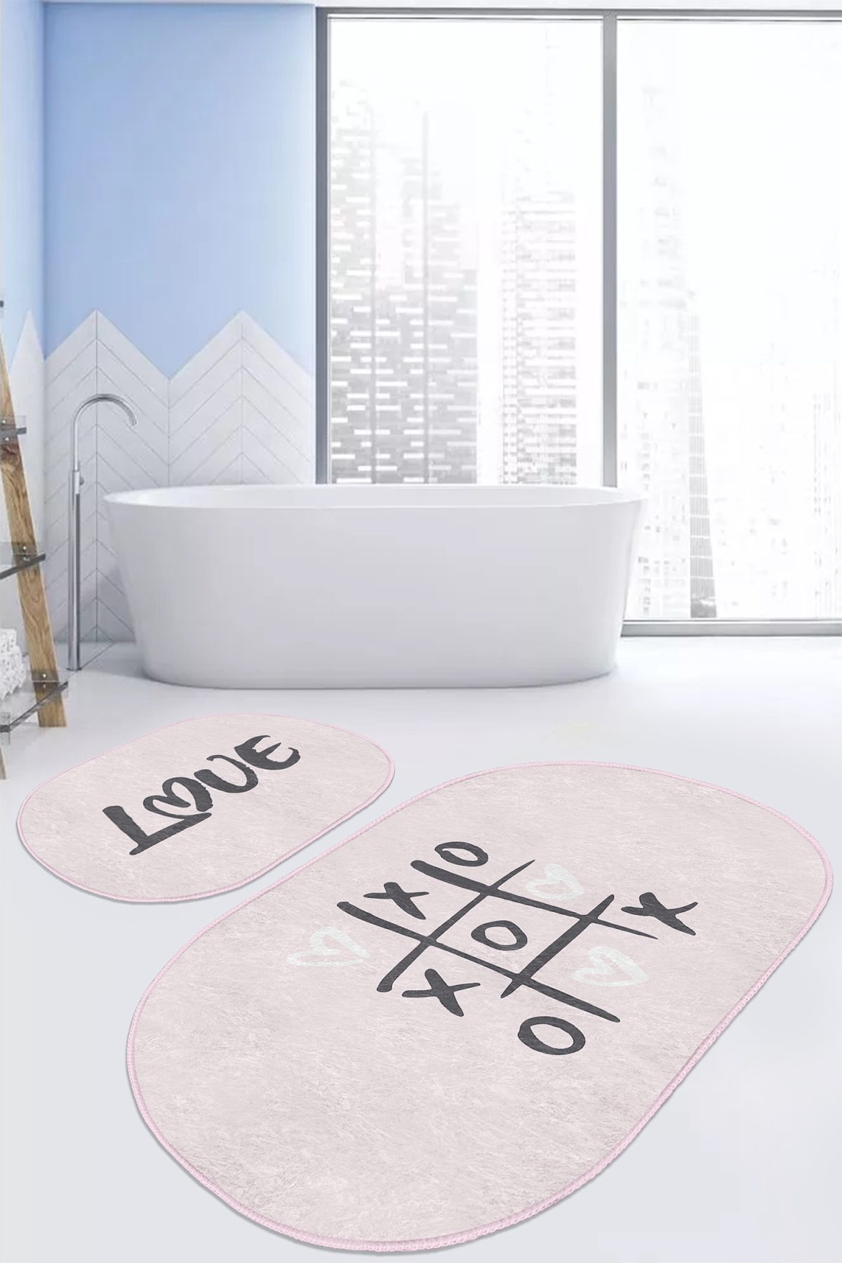 Love Temalı Pembe Zemin Dijital Baskılı 2'li Oval Kaymaz Tabanlı Banyo & Mutfak Paspas Takımı Realhomes