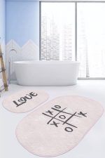 - RealHomes - Realhomes Love Temalı Pembe Zemin Dijital Baskılı 2'li Oval Kaymaz Tabanlı Banyo & Mutfak Paspas Takımı Realhomes