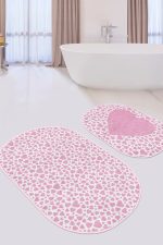 - RealHomes - Realhomes  Beyaz Zemin Love Temalı Kalp Motifli 2'li Oval Kaymaz Tabanlı Banyo & Mutfak Paspas Takımı Realhomes