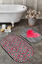 - RealHomes - Realhomes  Çizgili Zemin Kırmızı Kalp Tasarımlı Dijital Baskılı 2'li Oval Kaymaz Tabanlı Banyo & Mutfak Paspas Takımı Realhomes