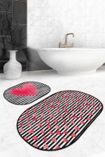 - RealHomes - Realhomes  Çizgili Zemin Kırmızı Kalp Tasarımlı Dijital Baskılı 2'li Oval Kaymaz Tabanlı Banyo & Mutfak Paspas Takımı Realhomes