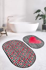 - RealHomes - Realhomes  Çizgili Zemin Kırmızı Kalp Tasarımlı Dijital Baskılı 2'li Oval Kaymaz Tabanlı Banyo & Mutfak Paspas Takımı Realhomes
