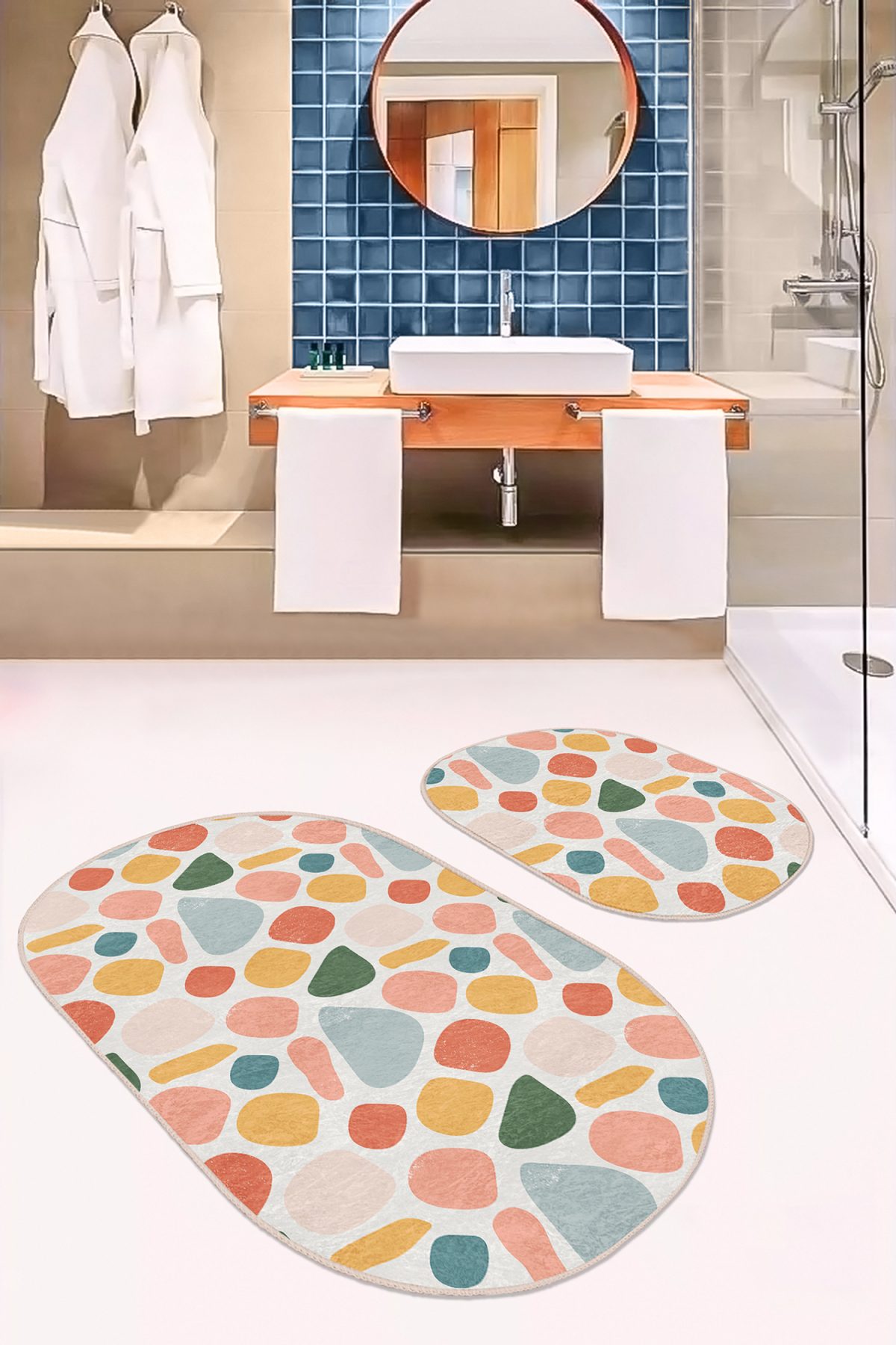 Renkli Oval Çizimli Dijital Baskılı 2'li Oval Kaymaz Tabanlı Banyo & Mutfak Paspas Takımı Realhomes