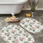 Siyah Beyaz Çizgili Tropik Yaprak Motifli 2'li Oval Banyo Halısı & Klozet Paspas Takımı Realhomes