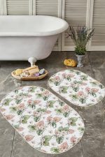 - RealHomes - Realhomes Tropik Yapraklar Özel Tasarımlı Dijital Baskılı 2'li Oval Kaymaz Tabanlı Banyo & Mutfak Paspas Takımı Realhomes