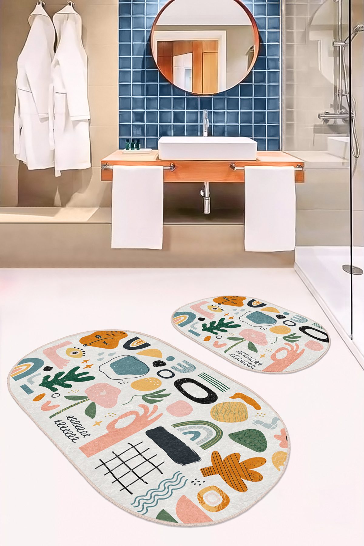 Onedraw Minimal Tasarımlı Dijital Baskılı 2'li Oval Kaymaz Tabanlı Banyo & Mutfak Paspas Takımı Realhomes