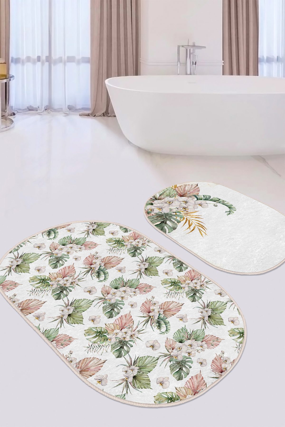 Soft Tropik Yapraklar Özel Tasarım Dijital Baskılı 2'li Oval Kaymaz Tabanlı Banyo & Mutfak Paspas Takımı Realhomes