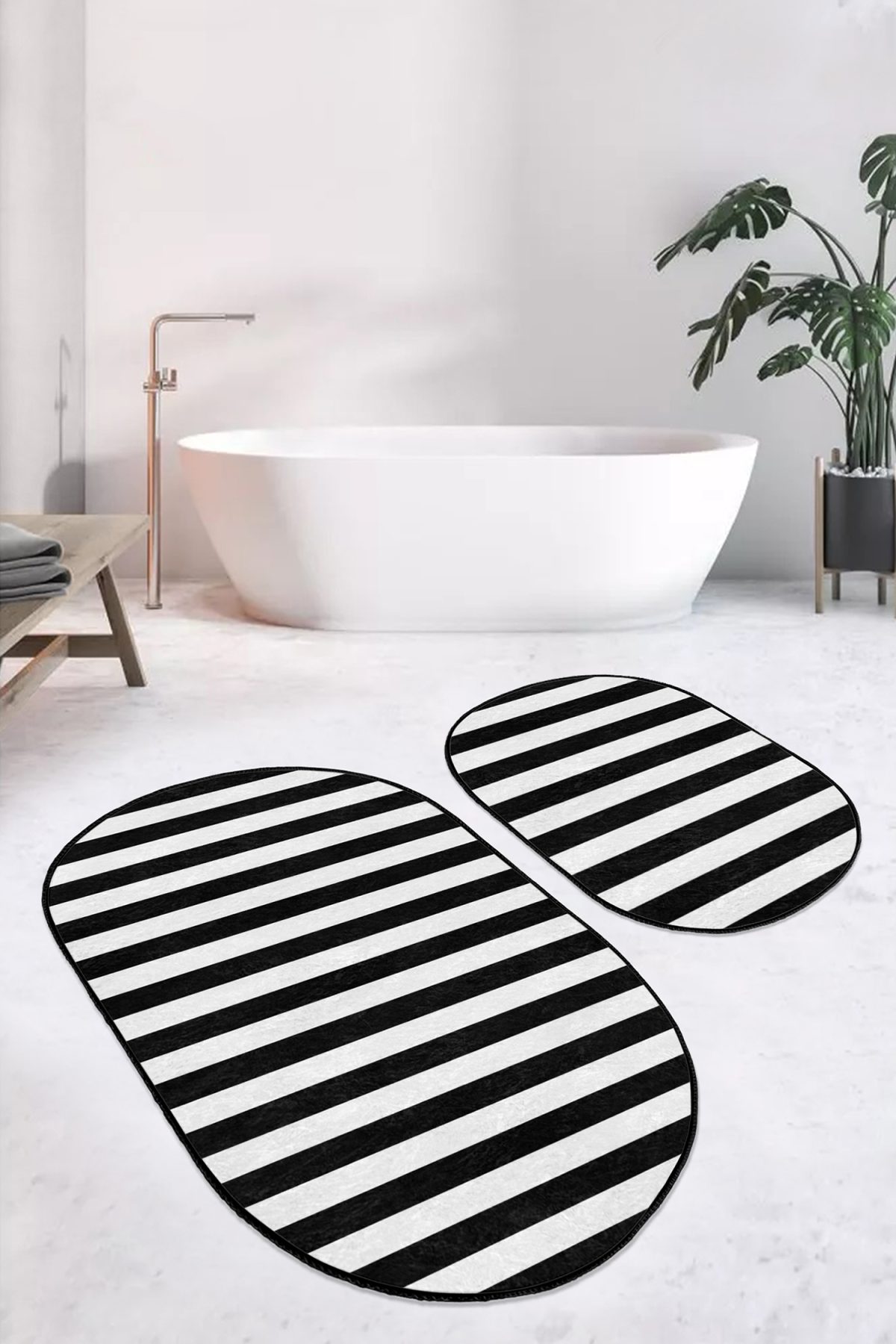 Siyah Beyaz Düz Çizgili Özel Tasarım 2'li Oval Kaymaz Tabanlı Banyo & Mutfak Paspas Takımı Realhomes
