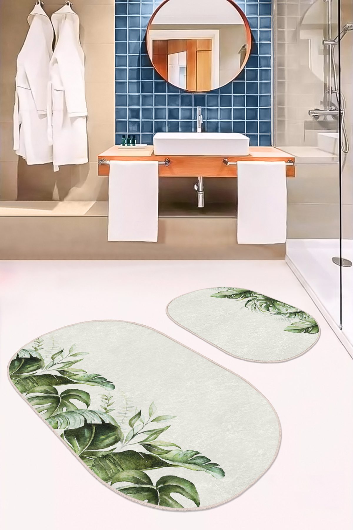 Krem Zeminli Yeşil Tropik Yapraklar Özel Tasarım 2'li Oval Kaymaz Tabanlı Banyo & Mutfak Paspas Takımı Realhomes
