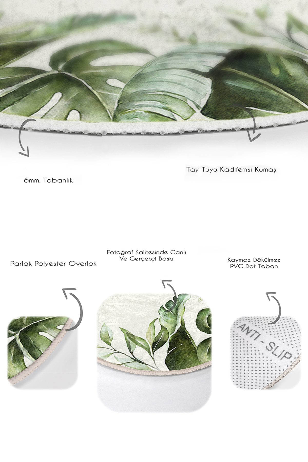 Krem Zeminli Yeşil Tropik Yapraklar Özel Tasarım 2'li Oval Kaymaz Tabanlı Banyo & Mutfak Paspas Takımı Realhomes