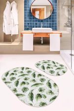 Beyaz Zemin Yeşil Tropik Yaprak Motifli 2'li Oval Kaymaz Tabanlı Banyo & Mutfak Paspas Takımı Realhomes