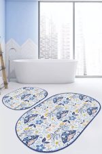 - RealHomes - Realhomes  Mavi Çini Motifli Kelebek Tasarımlı Dijital Baskılı 2'li Oval Kaymaz Tabanlı Banyo & Mutfak Paspas Takımı Realhomes