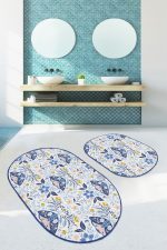 - RealHomes - Realhomes  Mavi Çini Motifli Kelebek Tasarımlı Dijital Baskılı 2'li Oval Kaymaz Tabanlı Banyo & Mutfak Paspas Takımı Realhomes