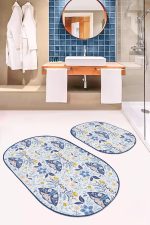 - RealHomes - Realhomes  Mavi Çini Motifli Kelebek Tasarımlı Dijital Baskılı 2'li Oval Kaymaz Tabanlı Banyo & Mutfak Paspas Takımı Realhomes