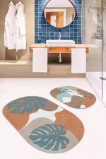 - RealHomes - Realhomes  Soyut Renkli Zemin Tropik Yaprak Baskılı 2'li Oval Kaymaz Tabanlı Banyo & Mutfak Paspas Takımı Realhomes