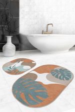 - RealHomes - Realhomes  Soyut Renkli Zemin Tropik Yaprak Baskılı 2'li Oval Kaymaz Tabanlı Banyo & Mutfak Paspas Takımı Realhomes