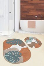 - RealHomes - Realhomes  Soyut Renkli Zemin Tropik Yaprak Baskılı 2'li Oval Kaymaz Tabanlı Banyo & Mutfak Paspas Takımı Realhomes
