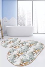 - RealHomes - Realhomes  Kış Temalı Geyik Bağ Evi Tasarımlı Dijital Baskılı 2'li Oval Kaymaz Tabanlı Banyo & Mutfak Paspas Takımı Realhomes