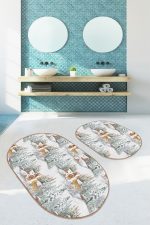 - RealHomes - Realhomes  Kış Temalı Geyik Bağ Evi Tasarımlı Dijital Baskılı 2'li Oval Kaymaz Tabanlı Banyo & Mutfak Paspas Takımı Realhomes