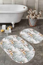 - RealHomes - Realhomes  Kış Temalı Geyik Bağ Evi Tasarımlı Dijital Baskılı 2'li Oval Kaymaz Tabanlı Banyo & Mutfak Paspas Takımı Realhomes