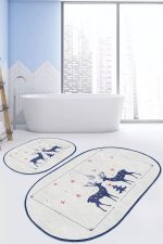 - RealHomes - Realhomes  Yılbaşı Temalı Lacivert Geyik Motifli Dijital Baskılı 2'li Oval Kaymaz Tabanlı Banyo & Mutfak Paspas Takımı Realhomes