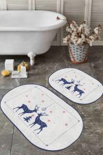 - RealHomes - Realhomes  Yılbaşı Temalı Lacivert Geyik Motifli Dijital Baskılı 2'li Oval Kaymaz Tabanlı Banyo & Mutfak Paspas Takımı Realhomes